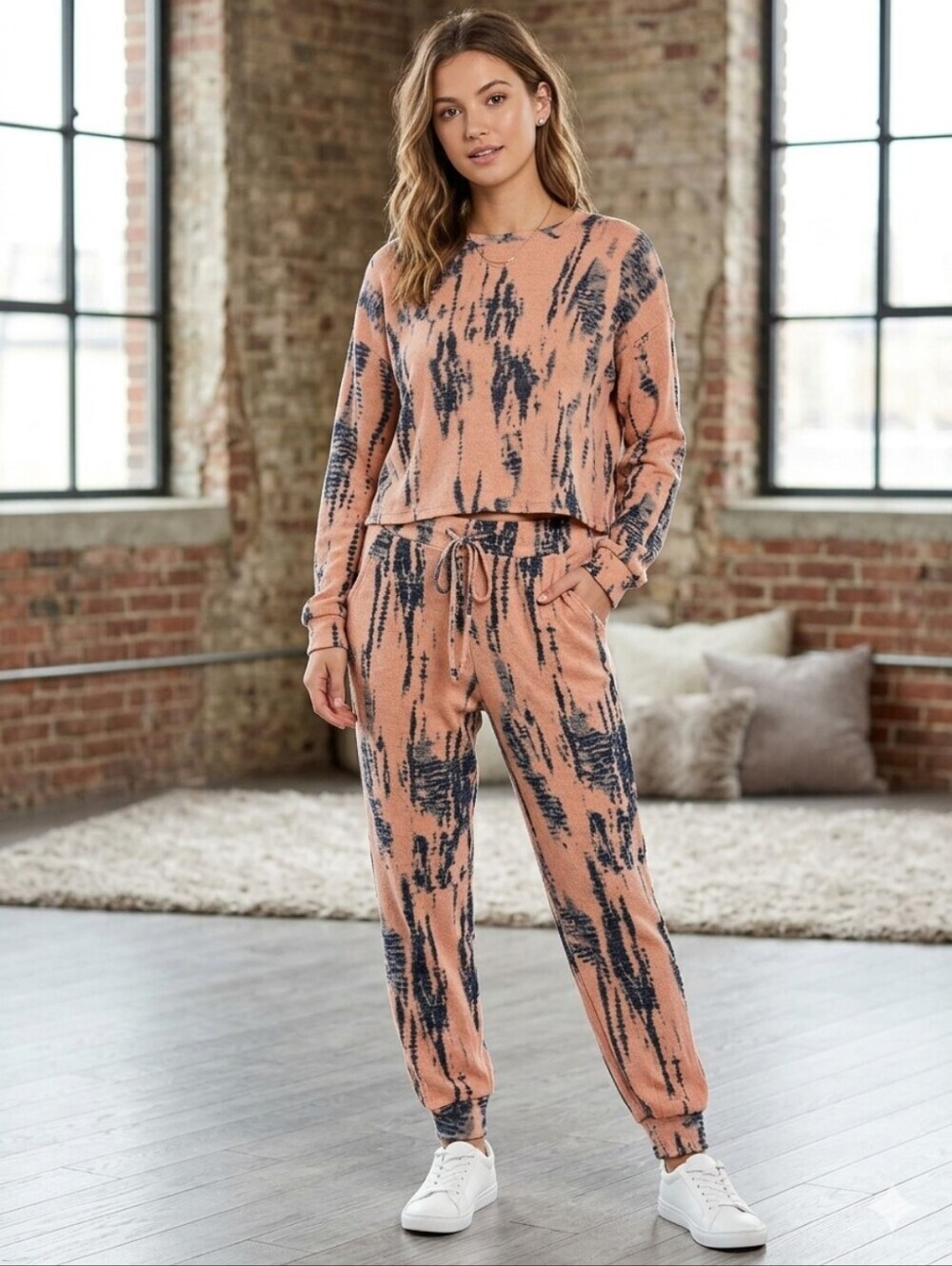 Women's Pink Tie-Dye Lounge Wear Set - Cozy Top & Jogger Pants -size Small